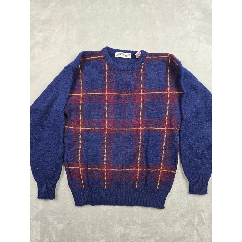 Vintage John Ashford Sweater Mens L Blue Plaid 100% Wool Shetland Crewneck *Read
